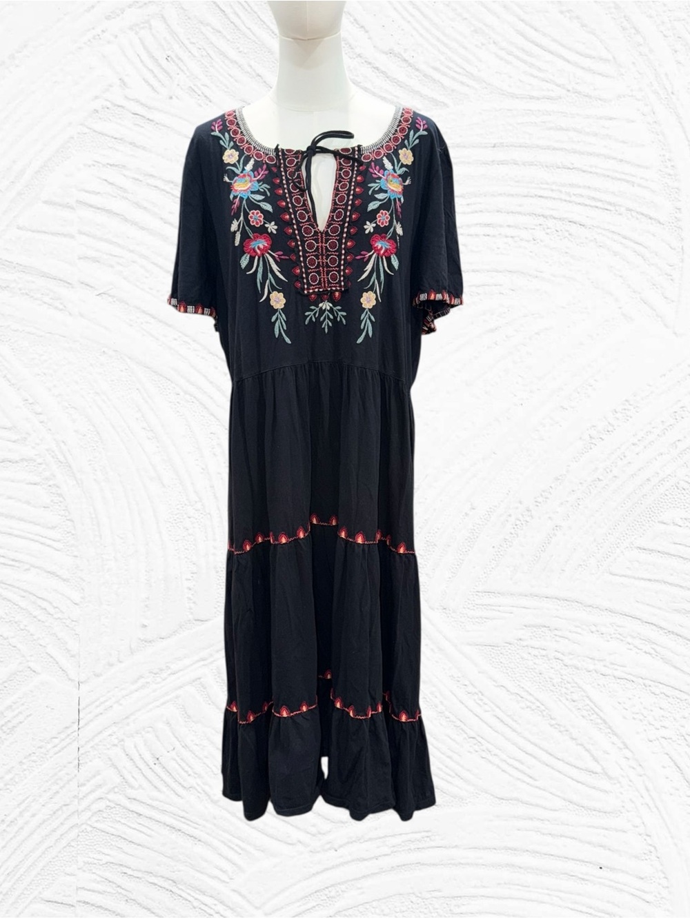 Johnny Was Black Embroidered Short Sleeve Tiered Dress with Pink & Blue Accents - Picture 2 of 10